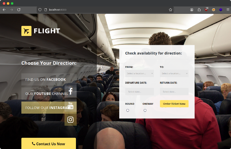 Homepage for a basic site for planning flight with various buttons and a generic image of people in plane.