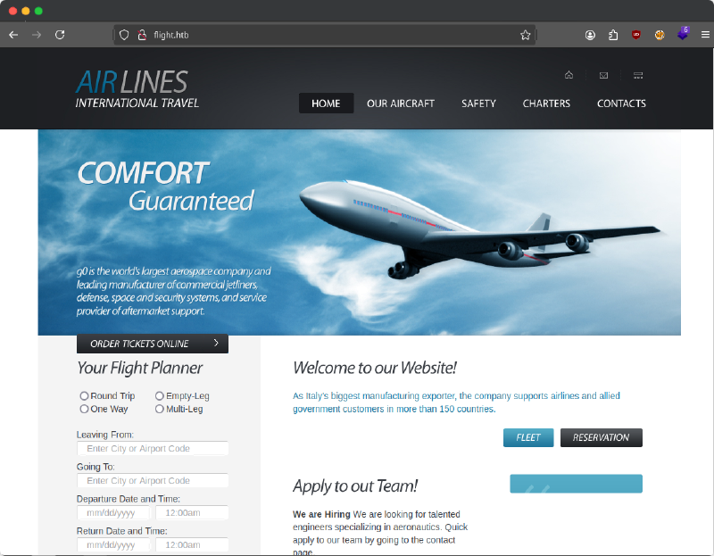 Homepage for Flight.HTB. A basic site for planning flight with various buttons.