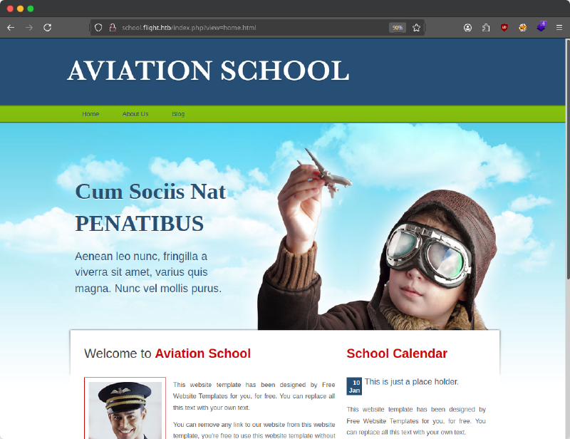 &lsquo;The landing page for a flight school. The URL field contains a query parameter called view that equals home.html.&rsquo;
