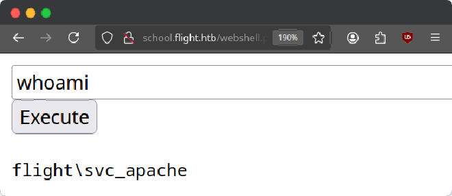 Screenshot of a webshell with the command &ldquo;whoami&rdquo; being entered. The output is flight\svc_apache.